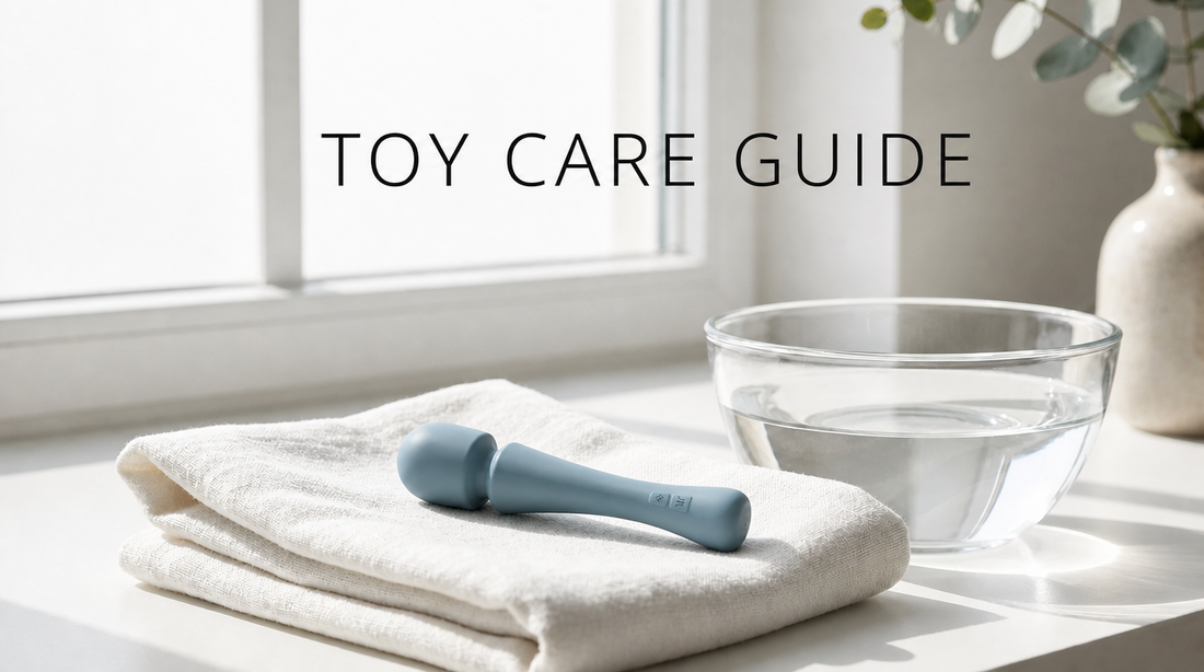 A dusty-blue wand resting on a folded towel beside a glass bowl of water, with the words Toy Care Guide
