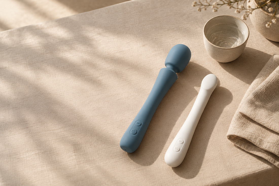 Two quiet wand shapes on linen, one broader, one slimmer