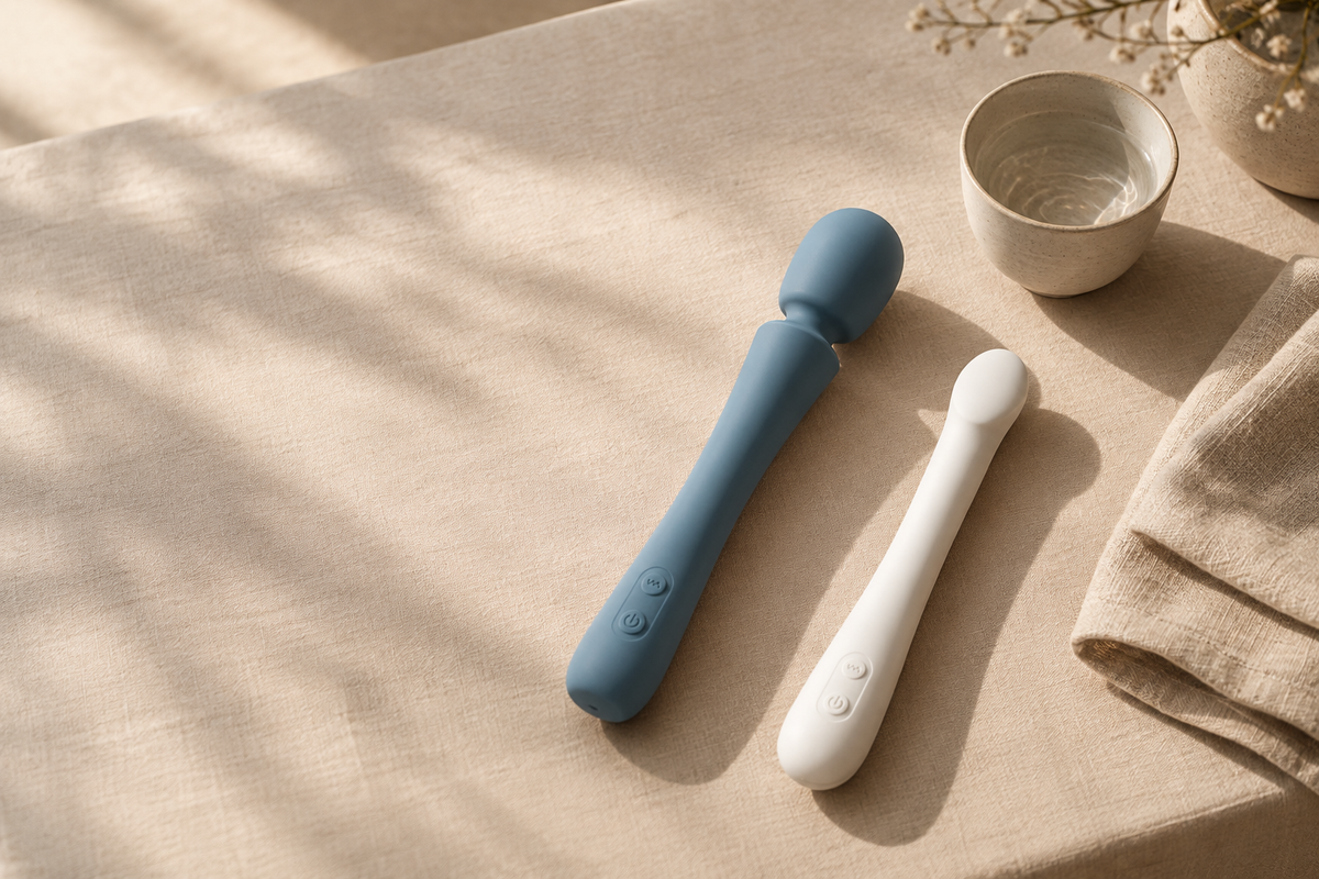 Two quiet wand shapes on linen, one broader, one slimmer